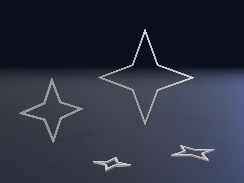 Weihnachtsstern Sparkle in Silber, vier Zacken: zwei Sterne stehend und zwei liegend, Rendering