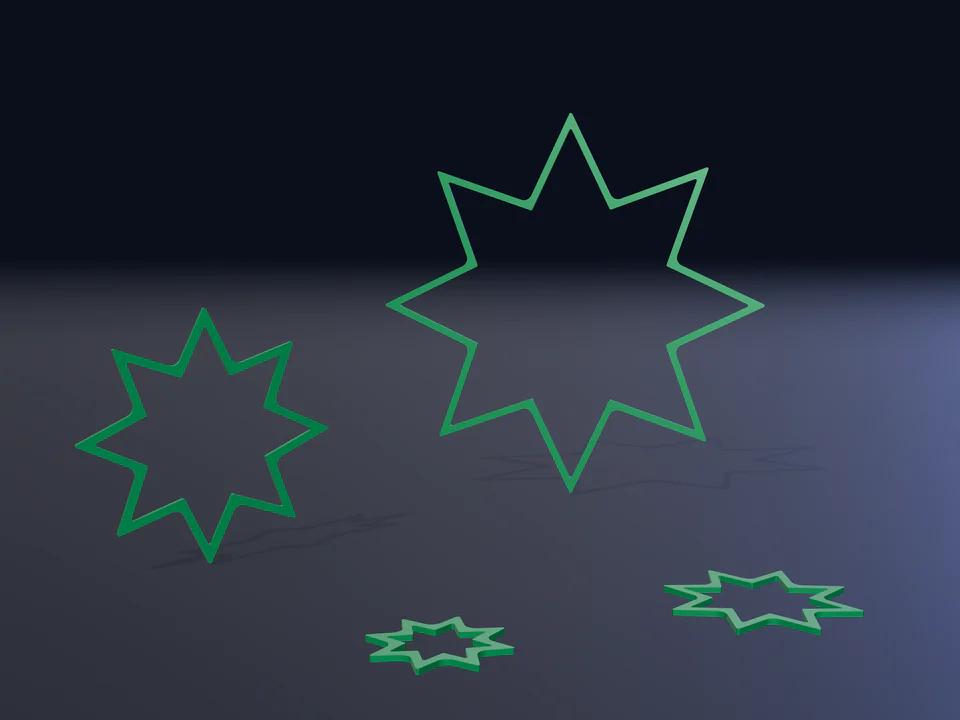 Weihnachtsstern Polaris in Grün, acht Zacken: zwei Sterne stehend und zwei liegend, Rendering