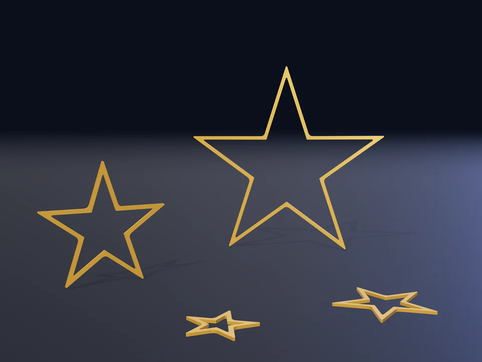 Weihnachtsstern Classic in Gold, fünf lange Zacken: zwei Sterne stehend und zwei liegend, Rendering