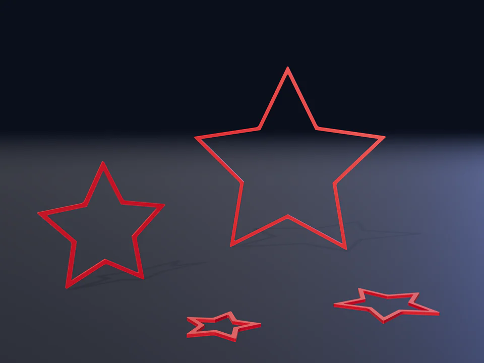 Weihnachtsstern Modern in Rot, fünf breite Zacken: zwei Sterne stehend und zwei liegend, Rendering