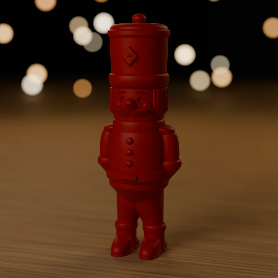 Nussknacker Soldat einfarbig in Rot auf einem Holztisch, mit hoher Mütze, Schnurrbart und Stiefeln (Rendering)